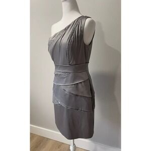 Phoebe Couture 6 Dress One Shoulder gray Satin Lace Silk Wedding Guest Date